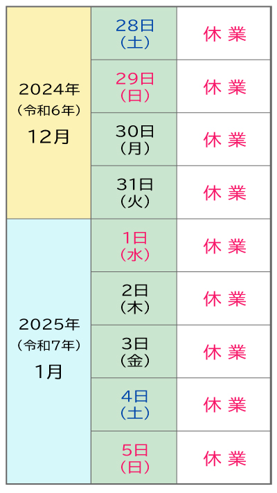 青葉印刷は2024年12月28日~2025年1月5日の年末年始休業のカレンダー