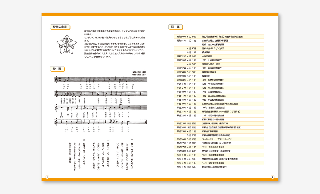 広島県立福山北特別支援学校様の50周年記念誌本文(校歌と沿革)