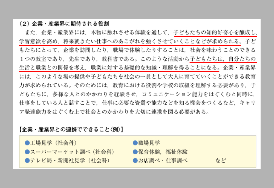 キャリア教育の企業に期待される役割について抜粋文
