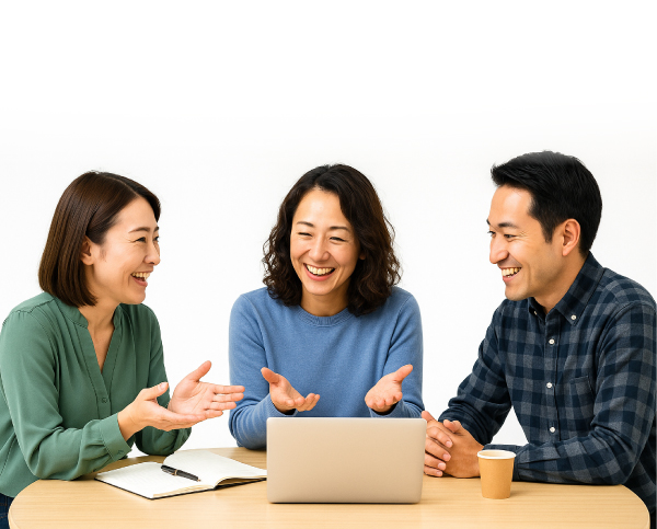 ノートパソコンを見ながら話し合う保護者