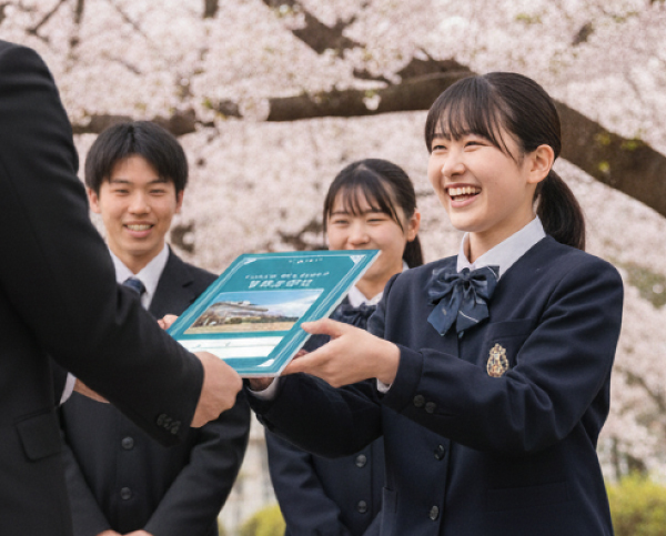 桜の木の下で学校記念品ノートを貰って喜んでいる中学生の女の子