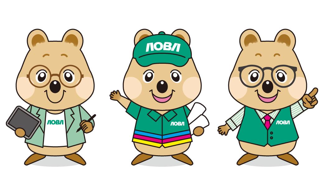 青葉印刷株式会社のマスコットキャラクター「チーム☆トライアングル」というクウォッカワラビーのイラスト